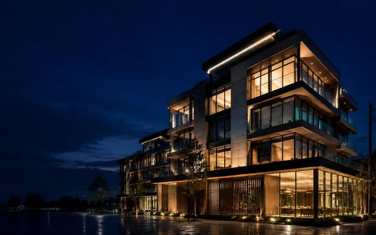 Hotel iluminado ao anoitecer