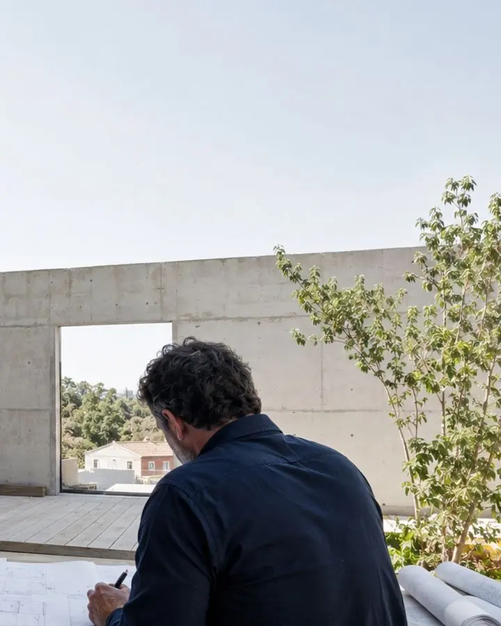 Engenheiro a analisar peças desenhadas em obra