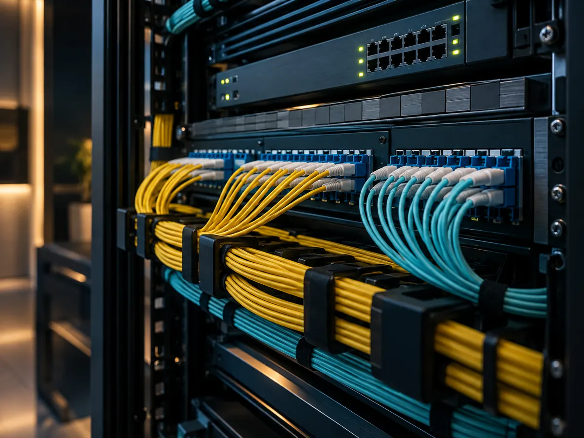 Bastidor de telecomunicações com painéis de fibra ótica