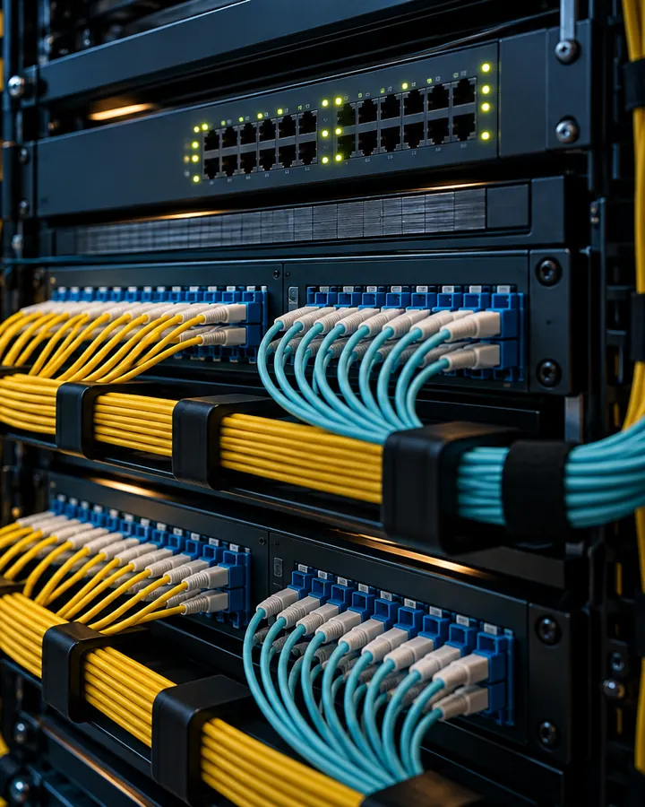 Bastidor de telecomunicações com painéis de fibra ótica